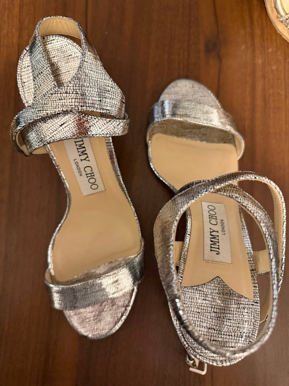 Jimmy Choo Silver Metallic Block Heel Ankle Strap Sandals EU 36.5 US 6.5